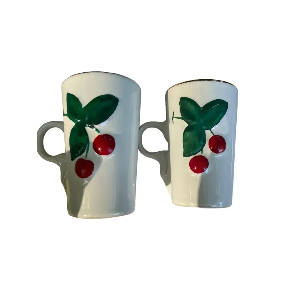 Pair of Ceramic Cherry Motif Pattern Small Cups with Handle Kitchy